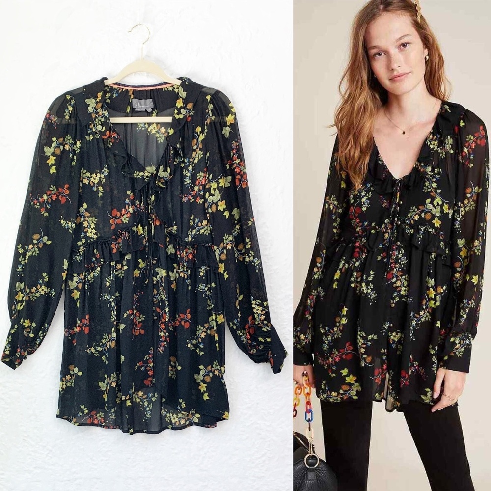 Anthropologie Jamison Ruffled Floral Tunic Semi-Sheer  Sz S